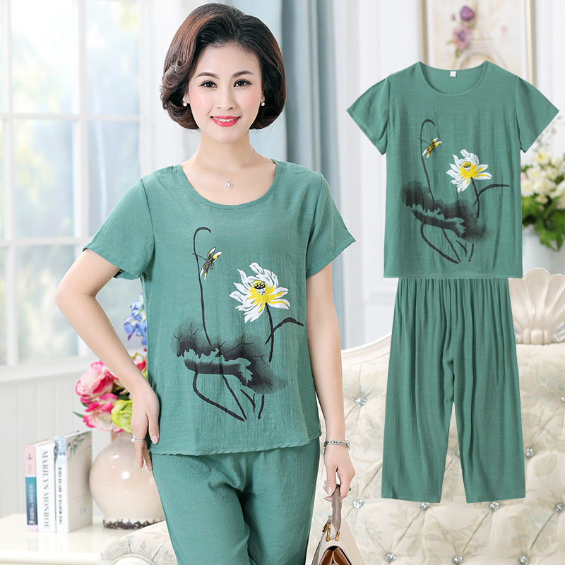 Middle aged mother cotton linen pyjamas female summer short sleeve semi-pants thin linen cotton old man's clothes large size for external wear