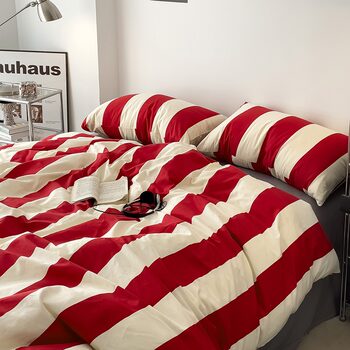 New Year's New All-Cotton Four-Piece Bedding Set, Striped Red Simple Duvet Cover, Bed Sheet, Fitted Sheet Three-Piece Set