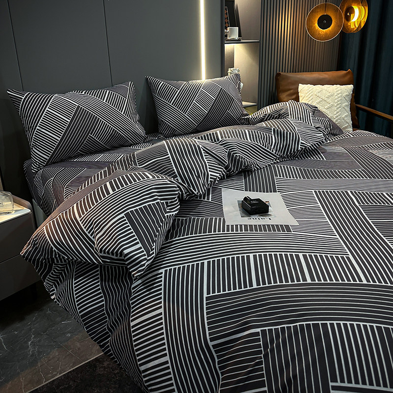 Spring and Summer All-Cotton Four-Piece Set, Pure Cotton Bed Sheet, Plaid Simple Duvet Cover, 1.5/1.8 Bed Fitted Sheet, Three or Four-Piece Set