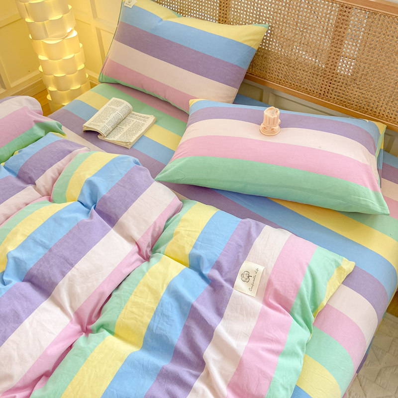 Class a Japanese-Style Full Cotton Yarn-Dyed Washed Cotton Bedding Four-Piece Set Pure Cotton Student Dormitory Duvet Cover Single Bed Three-Four-Piece Set