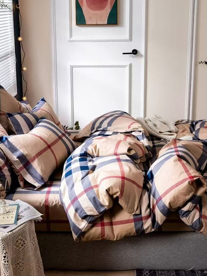 Internet-Famous All-Cotton Four-Piece Set, Pure Cotton Bedding, Bed Sheet, Nordic Simple Plaid, Light Luxury Duvet Cover, Fitted Sheet, Three-Piece Set