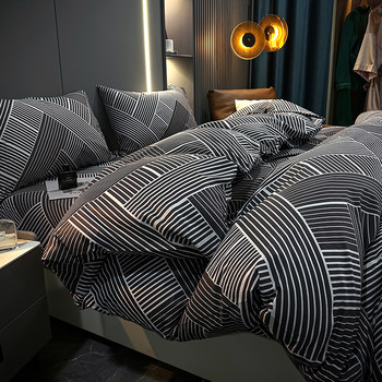 Spring and Summer All-Cotton Four-Piece Set, Pure Cotton Bed Sheet, Plaid Simple Duvet Cover, 1.5/1.8 Bed Fitted Sheet, Three or Four-Piece Set