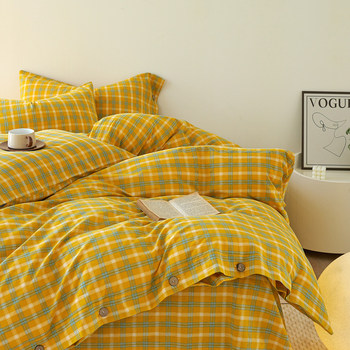 2026 New Style Pure Cotton Button-Dyed Washed Cotton Plaid Four-Piece Bedding Set, Bed Sheet, Fitted Sheet, Three-Piece Bedding Set