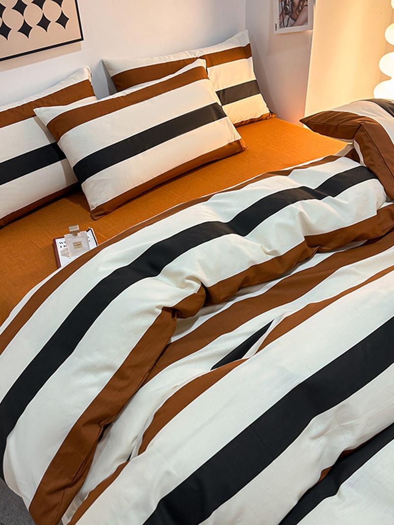Striped Cotton Four-Piece Set Pure Cotton Bedding Autumn and Winter Bed Sheet Nordic Simple Duvet Cover 1.8 Fitted Sheet Three-Four Piece Set