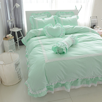 Cotton princess bed skirt four-piece set mint green fresh solid color lace lace 1 5 1 8m bedding