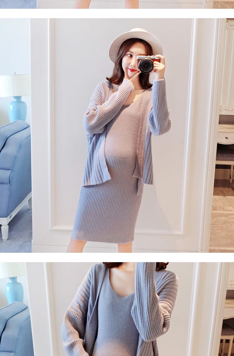 Phụ nữ mang bầu mùa thu mẫu thời trang 2018 mới đan áo khoác dài tay trong váy vest dài cho bà bầu áo len đầm bầu sang chảnh
