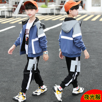Childrens clothing boys autumn suit 2021 new boys middle and big Children Spring and Autumn foreign style two-piece luminous suit tide