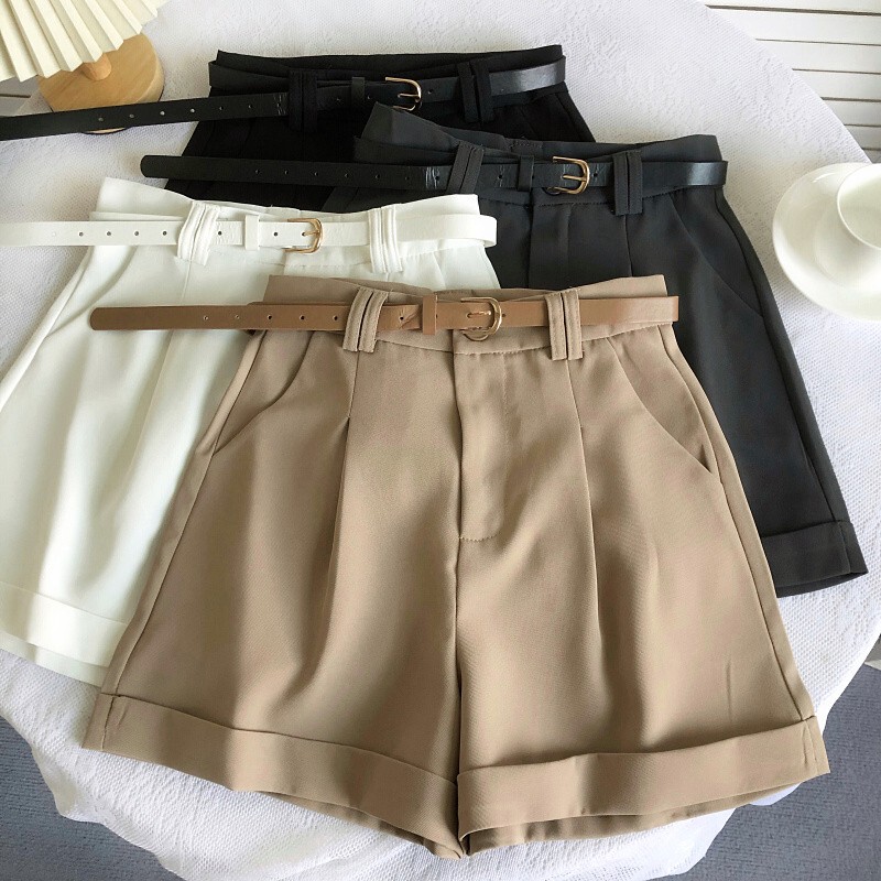 Korean Style Rolled Hem Wide-Leg Work Shorts for Women, New Summer Style, Loose Fit, Slimming A-Line Pants, Retro Versatile Casual Pants