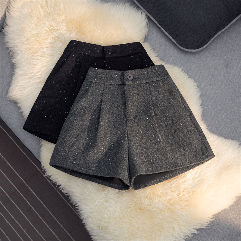 Chanel-Style Shiny Shorts for Women 2025 Autumn and Winter New Woolen Elastic High-Waisted A-Line Wide-Leg Pants with Sequins Boot Shorts