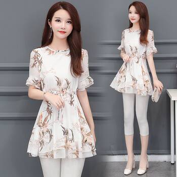 ເສື້ອຢືດແຟຊັນແຂນສັ້ນ floral chiffon ສໍາລັບແມ່ຍິງ xia xin plus size fat sister's wear mid-length chiffon top