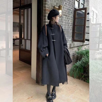 胖mm特大码洋气牛角扣双面绒大衣女赫本风中长款毛呢外套