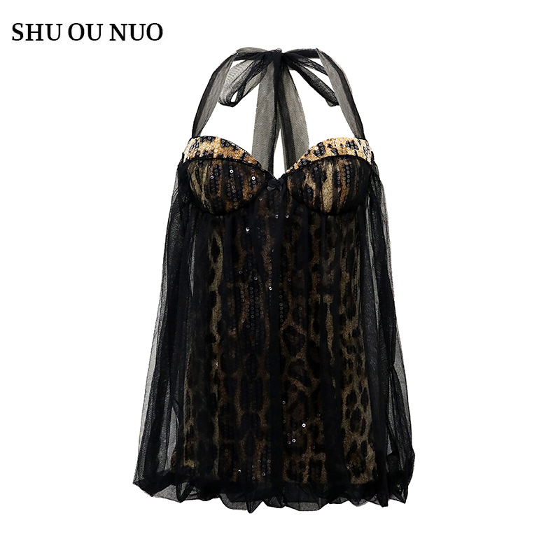 [in Stock] Vietnam's Niche Brand Barc's New Sexy Leopard Print See-Through Mesh Suspender Skirt