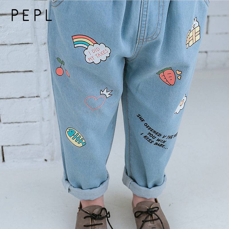 PEPL2021 Fall new girl girl Han version of thin section Long pants Children's baby girl Loose Print Denim Jeans Tide