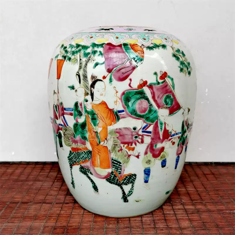 清同治古玩瓷器真品老摆件瓷坛民窑古董粉彩麒麟送子人物大冬瓜罐-淘宝