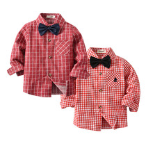Tide boy red plaid long sleeve shirt boy spring and autumn Korean shirt 2018 new children with bow tie handsome