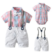 Boys flower dress British style childrens backpack pants small suit catwalk suit plaid short-sleeved shirt white shorts