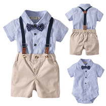 Baby Suit Summer Short Sleeve Striped Shirt Strap Short Suspension Polo Point Bow Tie Full Moon Set