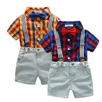Boys lattice shirt short sleeve set 100-140 yards suspenders three-piece set handsome outfits tide summer