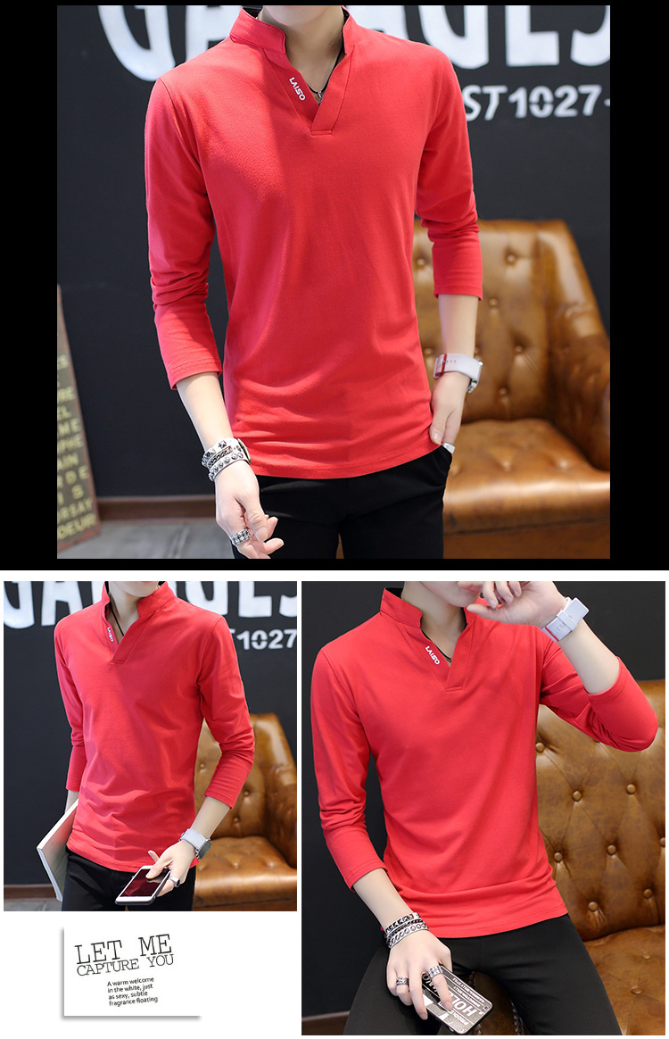 Mùa xuân và mùa thu mới 2018 áo thun nam tay dài cổ chữ V Slim cotton đáy áo sơ mi nhỏ áo khoác mùa thu quần áo nam áo phông rộng nam