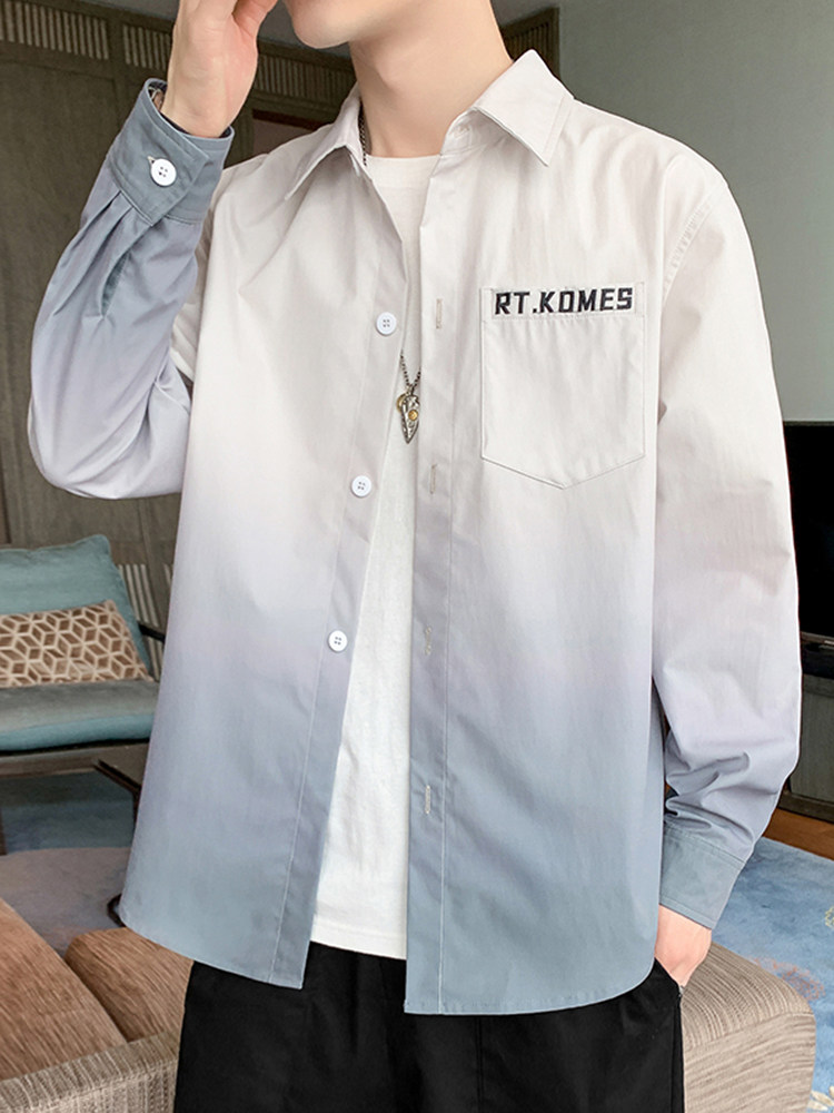 Gradient Color Long-Sleeved Shirt for Men, Autumn Trendy Brand Hong Kong Style Loose Youth Shirt, Casual Men's Spring and Autumn Jacket