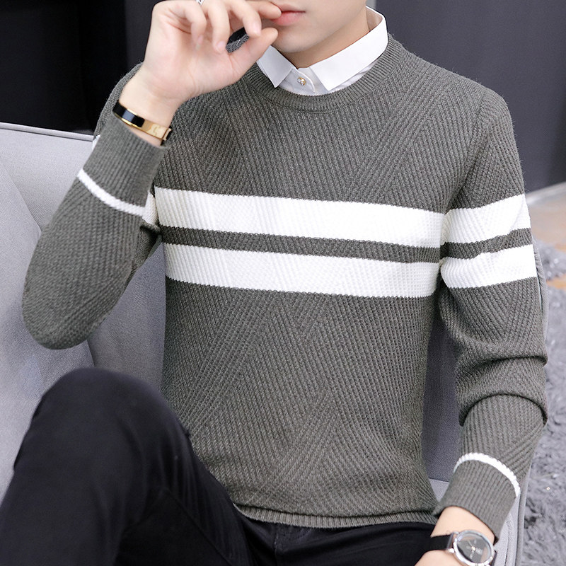 Autumn winter new fake two sweaters male and Korean version of the body shirt collar trendy stripes to hit underhand jersey men's blouses