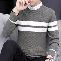 Autumn and winter new fake two sweater men Korean slim shirt collar trend striped bottoming sweater mens shirt
