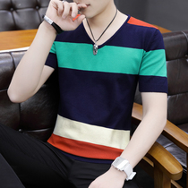 Short sleeve t-shirt male V collar 2022 summer fit new plaid under-shirt half-cut sleeve trendy man sashimi on a thin section of clothes