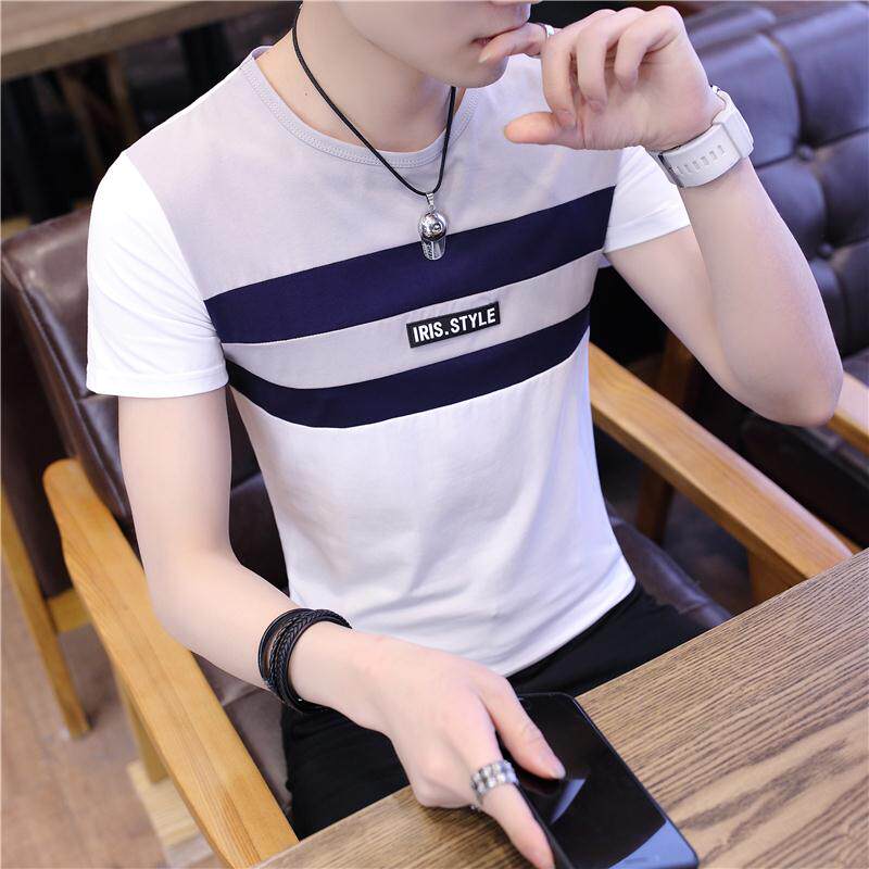 Short Sleeve T-Shirt Male Round Collar 2022 Summer Dress New Striped Undershirt Half-Amputee Trendy Men's Body Pure Cotton Clothes