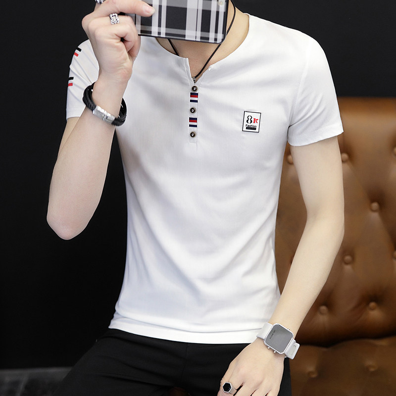 2022 Summer new men's short sleeve T-shirt V collar half sleeve Korean version trendy Thunder T-shirt Chaude summer loaded with clothes