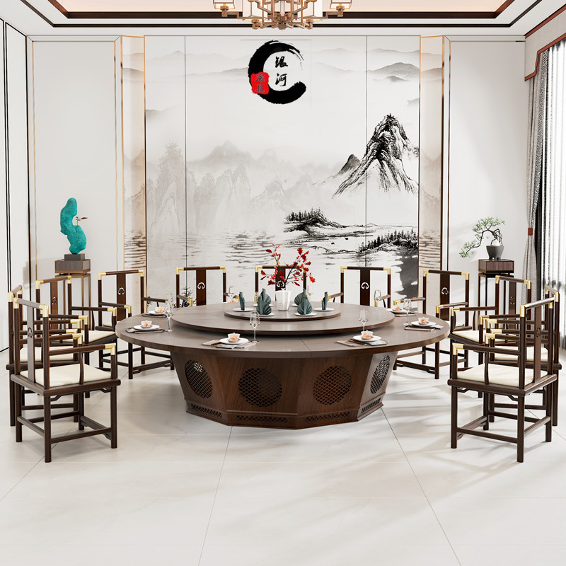 New Chinese style hotel table big round table 15 people 20 people will bag the box solid wood electric rotary pan hot pot table custom