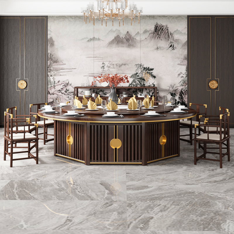 New Chinese-style hotel dining table large round table 10 people 15 people 20 people clubhouse box solid wood electric rotating plate hot pot table