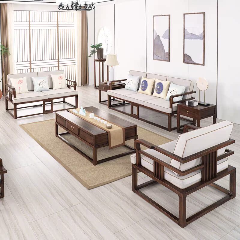 New Chinese Zen sofa modern living room solid wood sofa combination hotel fabric sofa homestay furniture customization