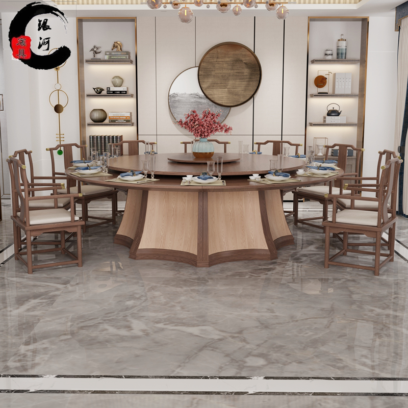 Hotel electric dining table New Chinese style 20-person solid wood large round table Club box automatic rotating hot pot table Log
