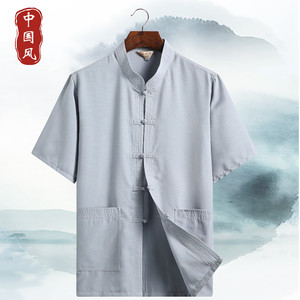 Middle-aged and elderly cotton and linen tang suit short-sleeved shirt men's summer hanfu loose chinese grandpa casual half-sleeved shirt
