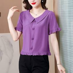 Doll collar chiffon shirt for women 2024 summer style new fashion shirt shirt waist slimming age-reduced short-sleeved top