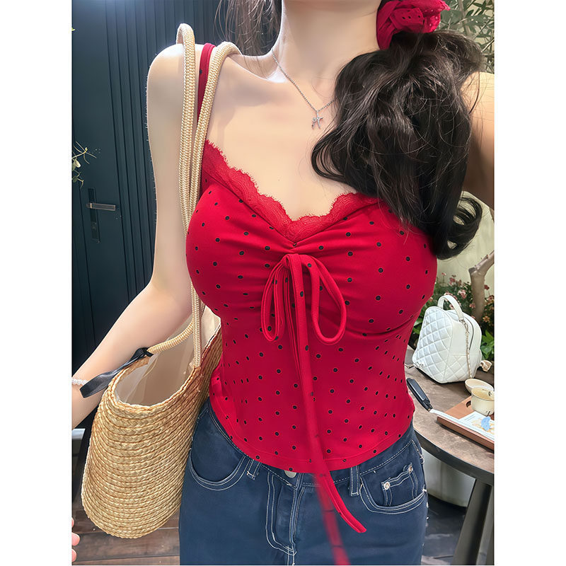 Pure Desire Style Polka Dot Halter Neck Camisole for Women 2026 Summer Lace Trim Slim Fit Hot Girl Short Top