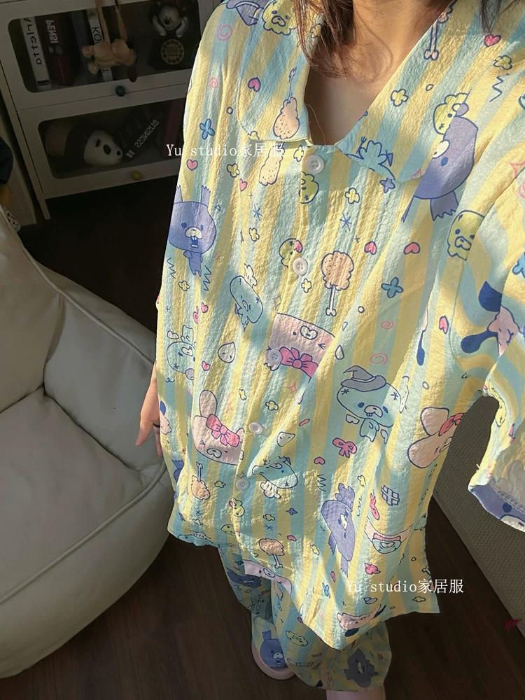 Летняя пижама, мультяшный кролик для студентов, комплект, облако, с коротким рукавом, оверсайз