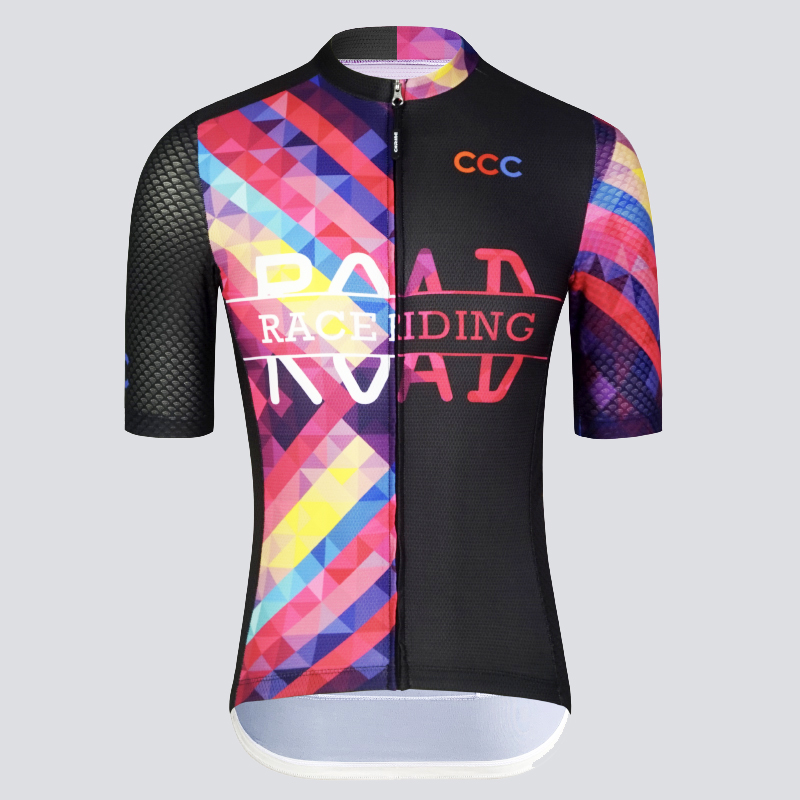 Summer new mesh rhombus color contrast color short-sleeved cycling clothing professional road mountain bike men's and women's tops