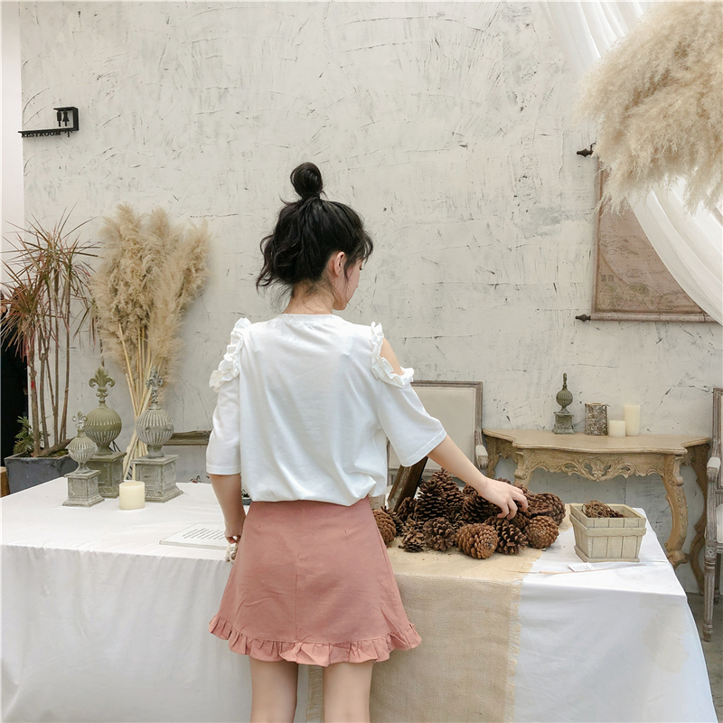 VK旗艦店 韓系甜美露肩刺繡T恤短袖上衣