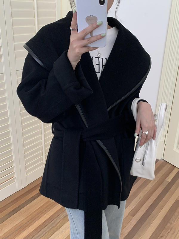 Witch-Style Large Collar Double-Sided Wool Coat for Women, Short Style for Petite Figures, with Leather Trim and Tie, New Design Woolen Coat