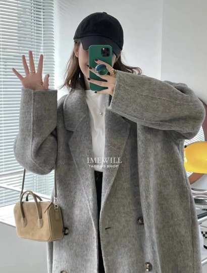 Off-white double-sided cashmere coat women's mid-length double-breasted suit collar loose large size straight woolen coat