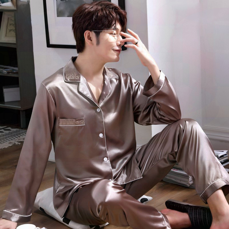 A silky silk silk silk silk male long sleeve two suits spring and autumn large ice silk silk home clothing thin