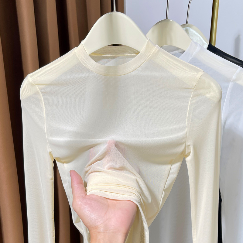 Small Round-Neck Mesh Base Shirt for Women, Long-Sleeved, 2026 New Style, Thin and Stylish Lace Top for Wearing under a Slip Dress Small Round-Neck Mesh Base Shirt for Women, Long-Sleeved, 2026 New Style, Thin and Stylish Lace Top for Wearing under a Slip Dress