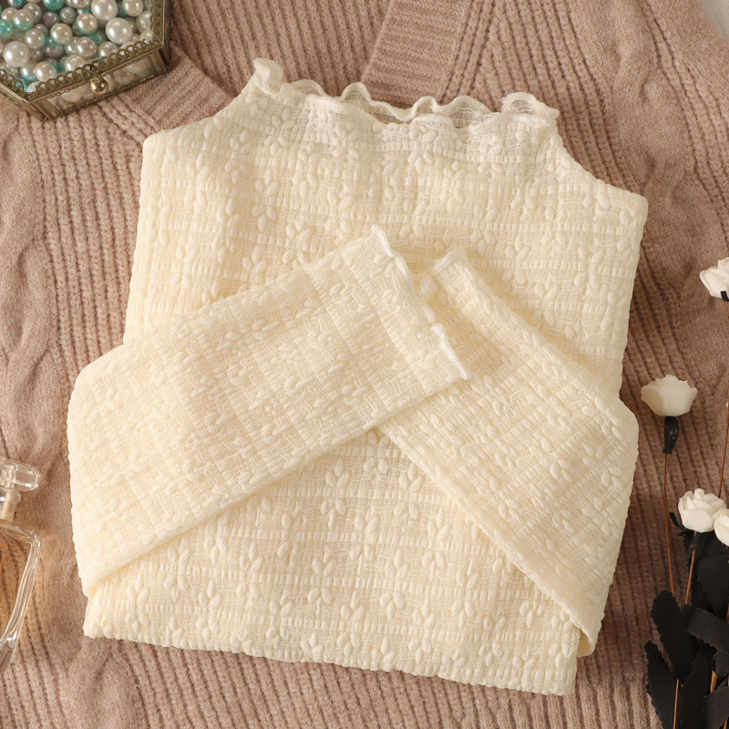 Half-High Collar Lace Base Shirt for Women, Thin Long-Sleeved Autumn and Winter New Sweater, Inner Layer with Gauze, High-End Mesh Top