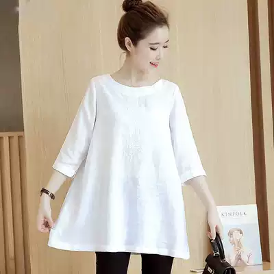 2021 New embroidered white shirt female spring and autumn Korean version of loose seven-point sleeve shirt cotton T-shirt