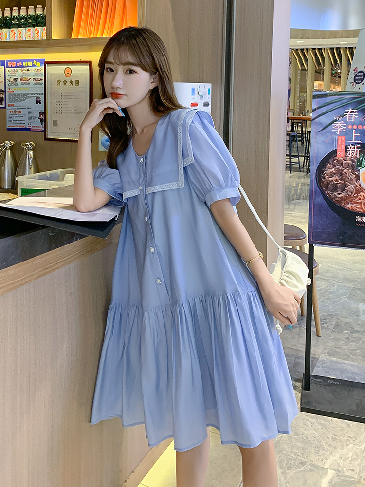 College style navy collar dress women's summer new Korean version loose pleated skirt sweet and cute net red doll skirt