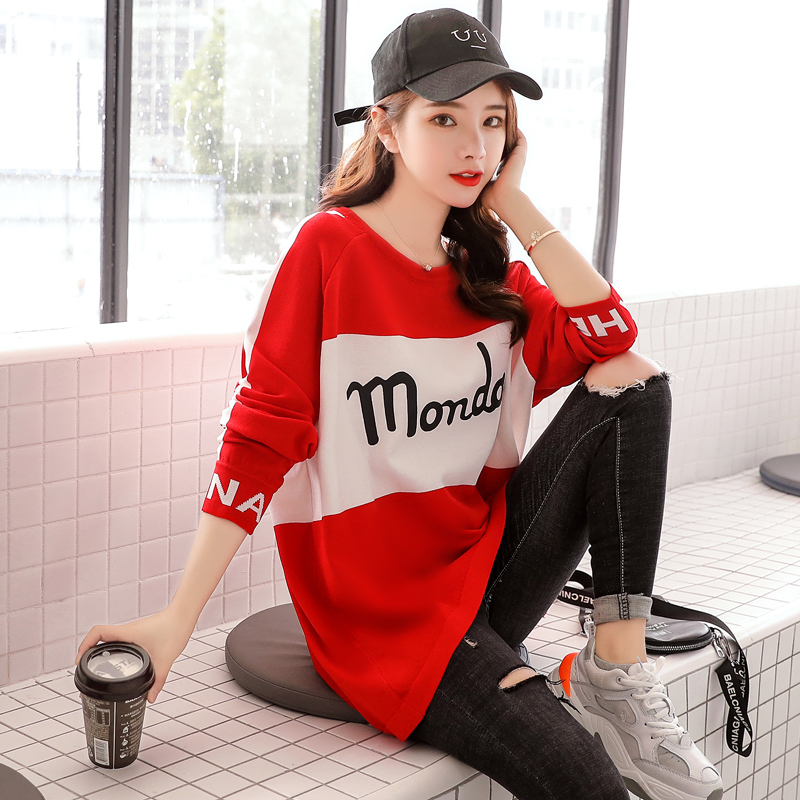 2022 Spring and autumn knitted sweatshirt with female Korean version loose long sleeves sweaters students with long version letters round collar blouses