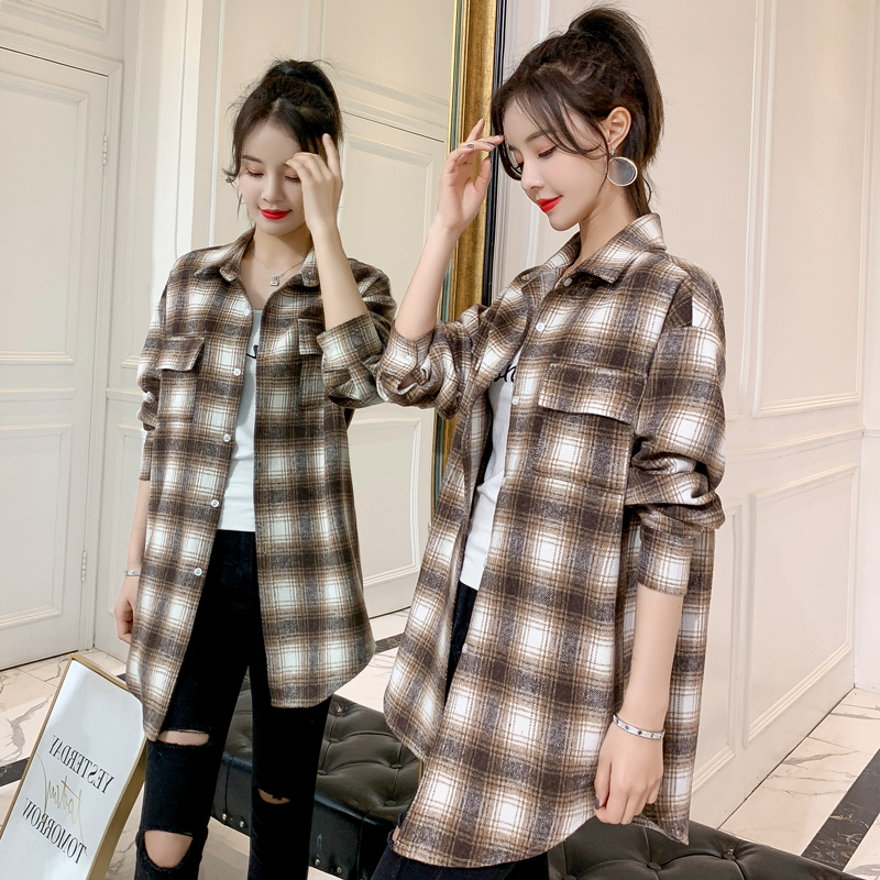 Plaid shirt jacket female long sleeve spring autumn 2022 spring bf shirt retro port to taste Korean version loose 100 lap top