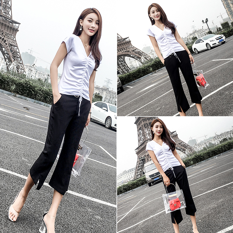 Drawstring pleated coat women's summer 2021 new micro horn cropped pants two-piece black casual cropped pants set