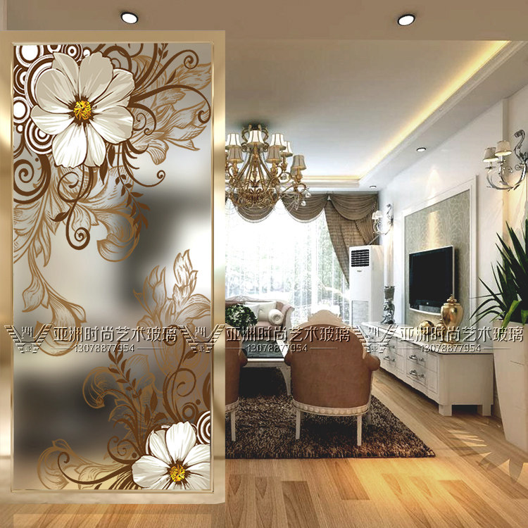 Modern art glass partition screen living room background wall carved abstract sliding door light transparent European style simple flower